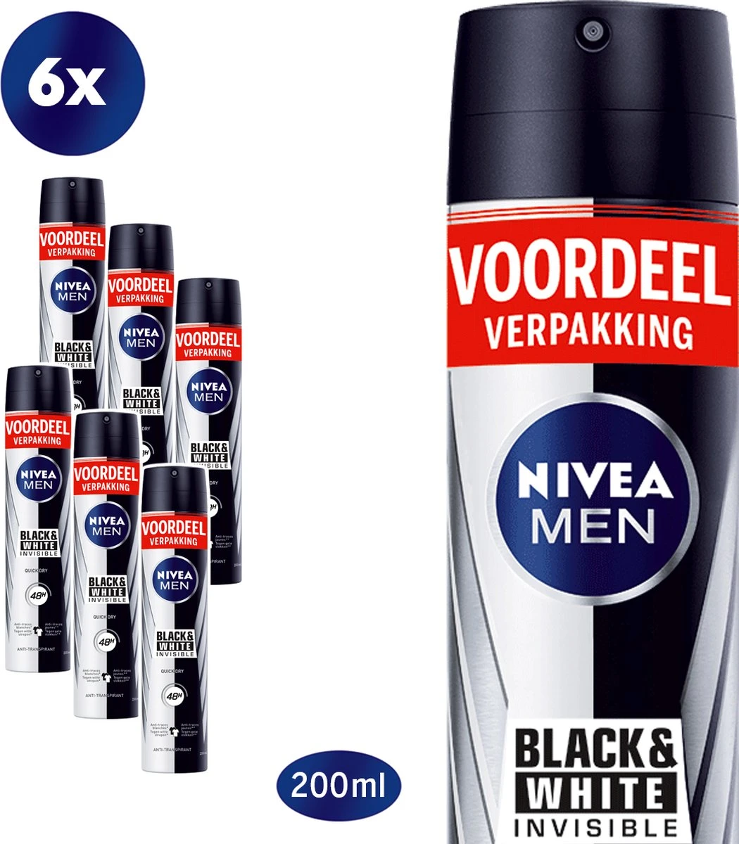 NIVEA MEN Invisible For Black & White Power Deodorant Spray - 6 X 200ml - Voordeelverpakking