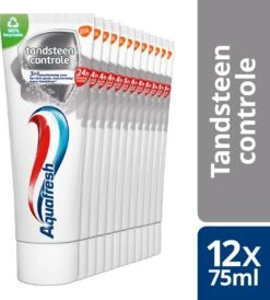 Aquafresh Tandsteen Controle Tandpasta Voor Gezonde Tanden Voordeelverpakking 12x75ml, Recyclebare Plastic Tube En Dop