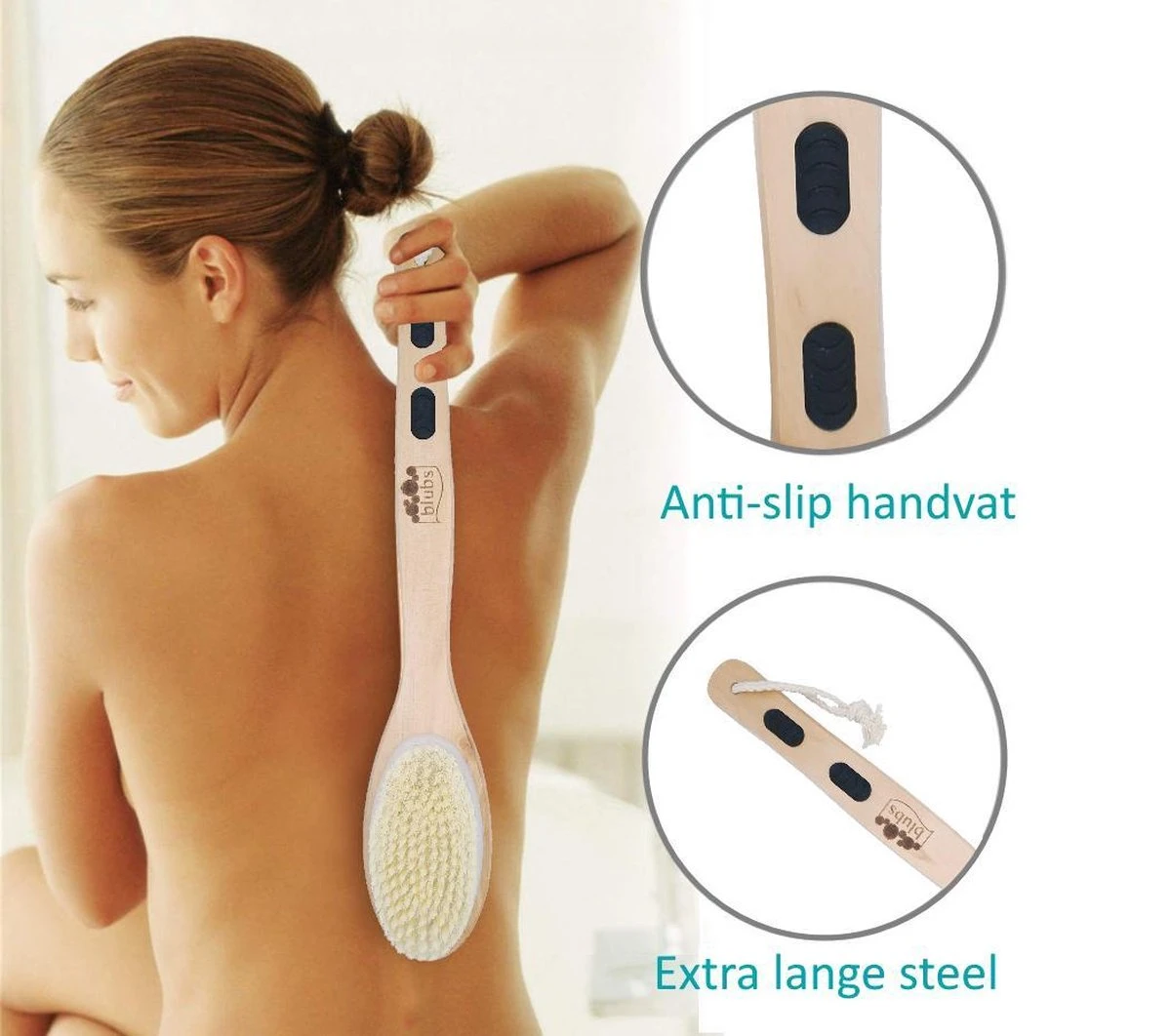 Blubs® – Houten Badborstel – Dry Brush – Rug Scrubber – Lichaamsborstel – Rugborstel Douche Met Steel – Huidborstel – Rugborstel Hout – Houten Badborstel Met Steel – Doucheborstel Met Steel – Houten Borstel – Droogborstel – Massage – Zwart - Afbeelding 7