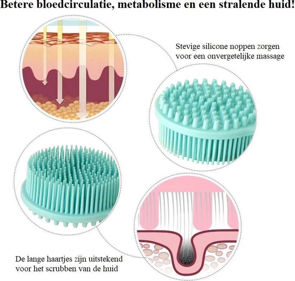 Blubs® – Badborstel – Dry Brush – Rug Scrubber – Lichaamsborstel – Rugborstel Douche Met Steel – Huidborstel – Doucheborstel – Bad- & Doucheaccessoires – Badborstel Met Steel – Doucheborstel Rugborstel – Siliconen Borstel – Massage – Cyaan - Afbeelding 4