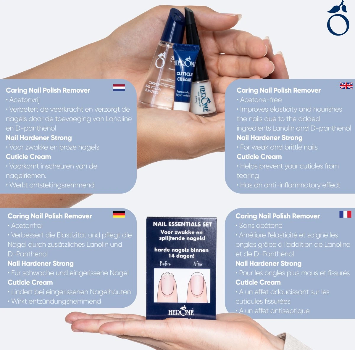 Herome 3 In 1 Manicure Nagelverzorging Set Blauw – Nagelset Voor Beschadigde Nagels - Nagelverharder, Nagellakremover En Nagelriemcreme - Set Van 3 - Afbeelding 2