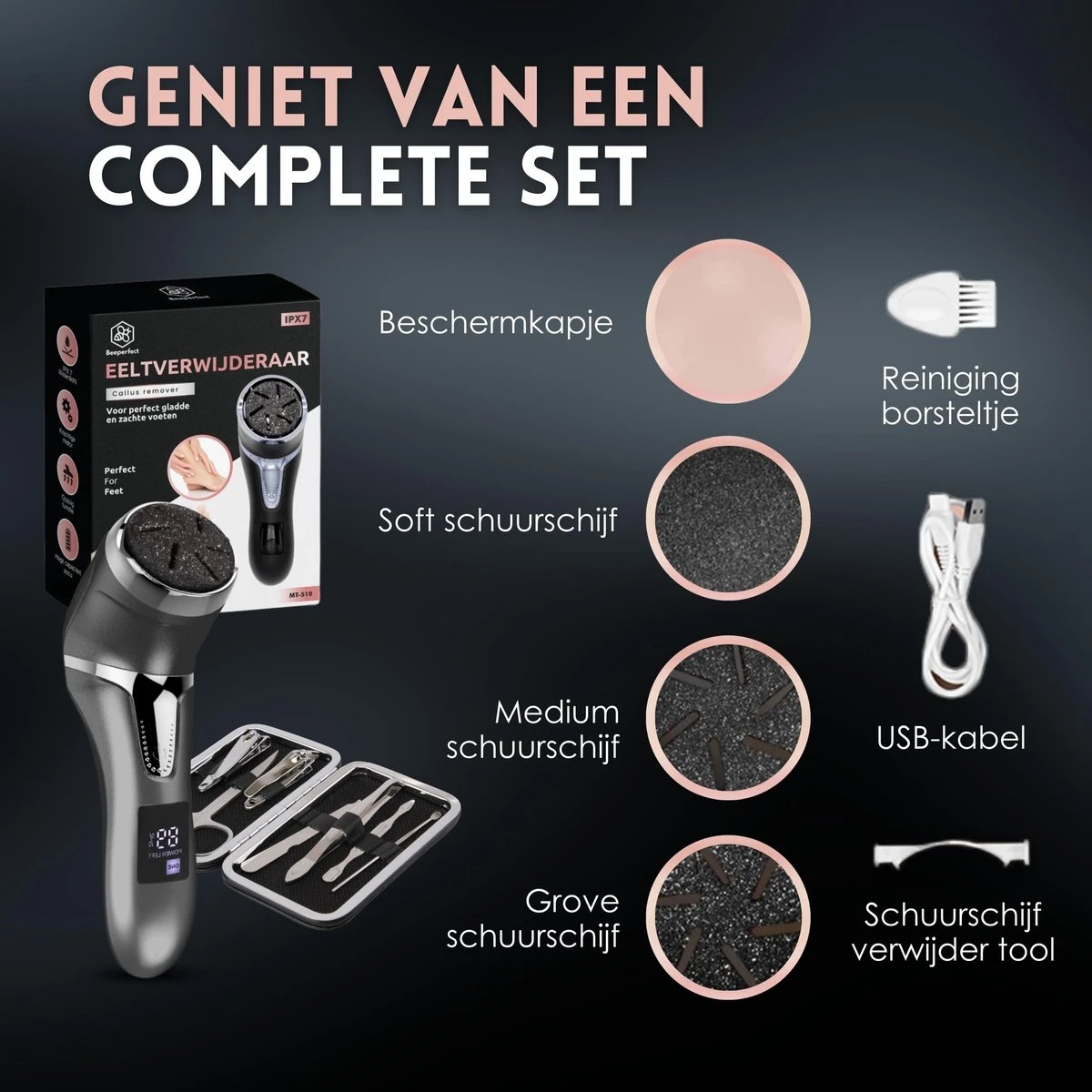 Beeperfect® Elektrische Eeltverwijderaar Met Stofzuigsysteem - Voetvijl - Eeltvijl - IPX7 Waterdicht - Gratis Pedicure Set - Zwart - Afbeelding 6