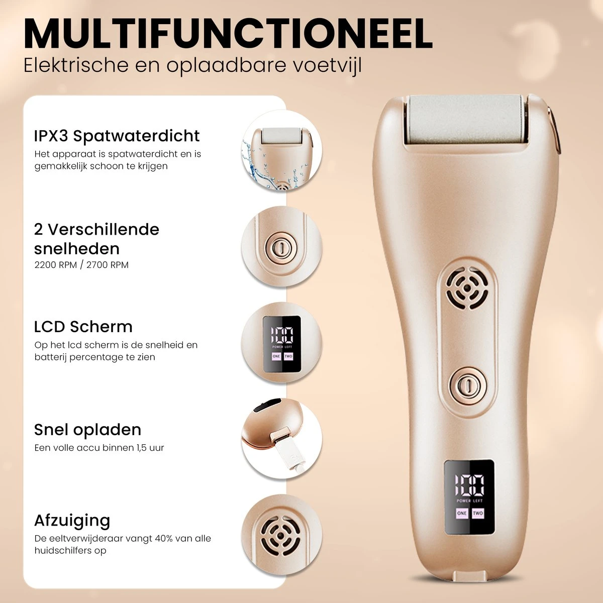 BAESS Elektrische Eeltverwijderaar - 3 Slijprollen - Afzuiging - Oplaadbaar - Goud - Afbeelding 8