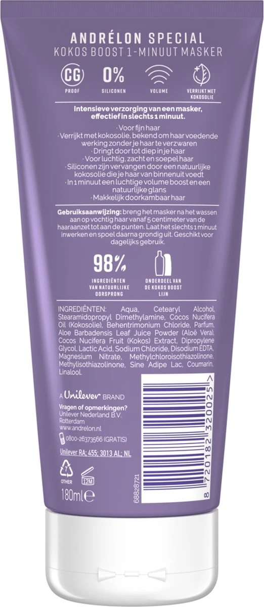 Andrélon Kokos Boost Haarmasker - 1 Minuut WOW Masker - 6 X 180 Ml – Voordeelverpakking - Afbeelding 4