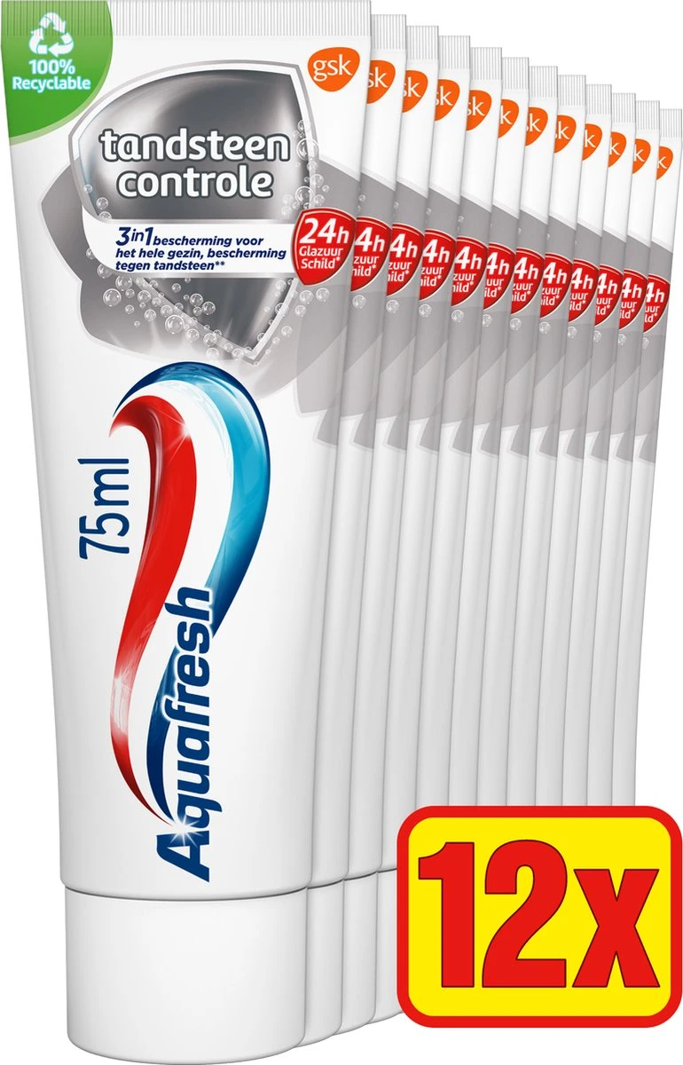 Aquafresh Tandsteen Controle Tandpasta Voor Gezonde Tanden Voordeelverpakking 12x75ml, Recyclebare Plastic Tube En Dop - Afbeelding 2