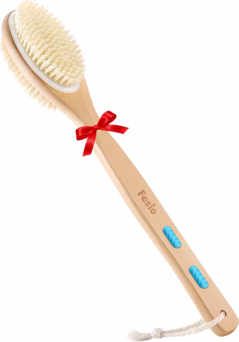 Fesio Lichaamsborstel Met Lange Steel - Dubbelzijdig - Dry Brushing Rugborstel/Badborstel/Doucheborstel/Huidborstel - 43 Cm