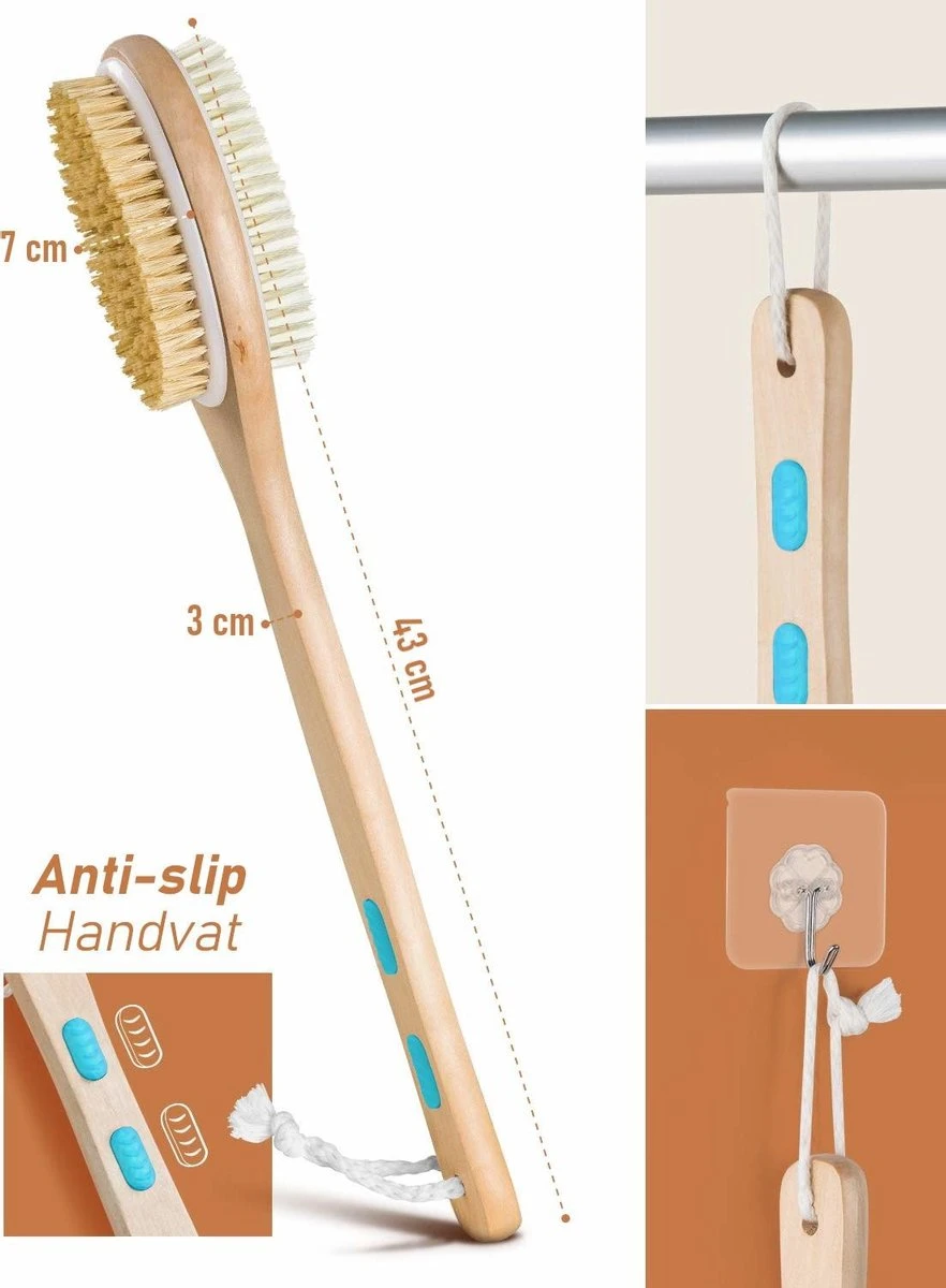 Fesio Lichaamsborstel Met Lange Steel - Dubbelzijdig - Dry Brushing Rugborstel/Badborstel/Doucheborstel/Huidborstel - 43 Cm - Afbeelding 3