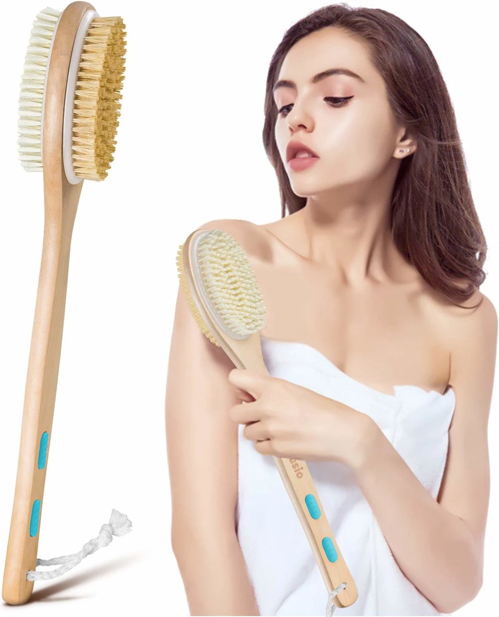 Fesio Lichaamsborstel Met Lange Steel - Dubbelzijdig - Dry Brushing Rugborstel/Badborstel/Doucheborstel/Huidborstel - 43 Cm - Afbeelding 2